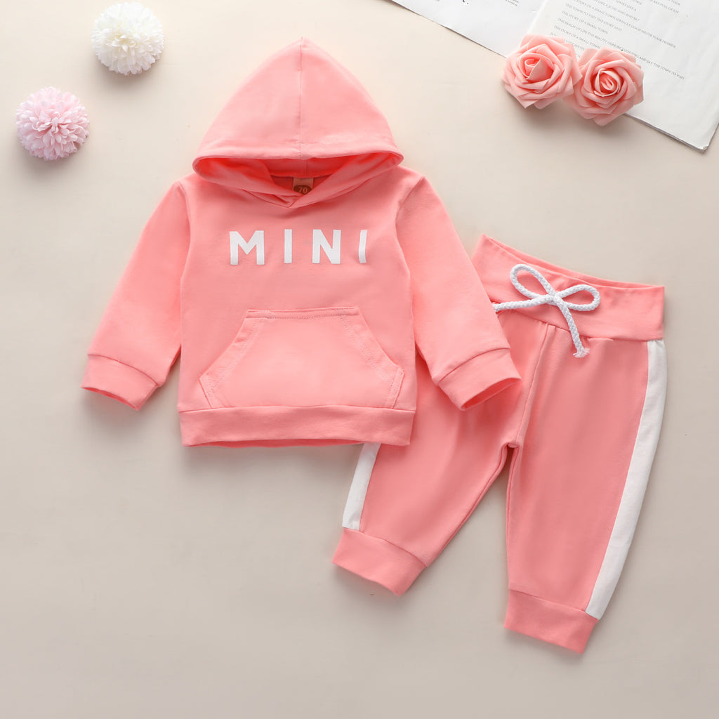 Toddler Girls Solid Color Mini Letter Print Long-sleeved Hooded Sweatshirt Sports Suit - PrettyKid