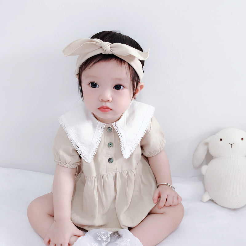 Baby Girl Solid Color Baby Collar Short Sleeve Jumpsuit - PrettyKid