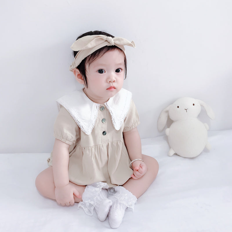 Baby Girl Solid Color Baby Collar Short Sleeve Jumpsuit - PrettyKid