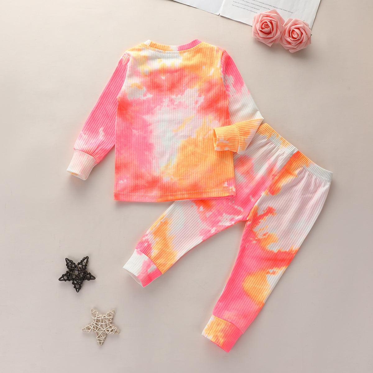 Girls' Knitted Stripe Tie Dyed Leisure Sports Long Sleeve Suit - PrettyKid