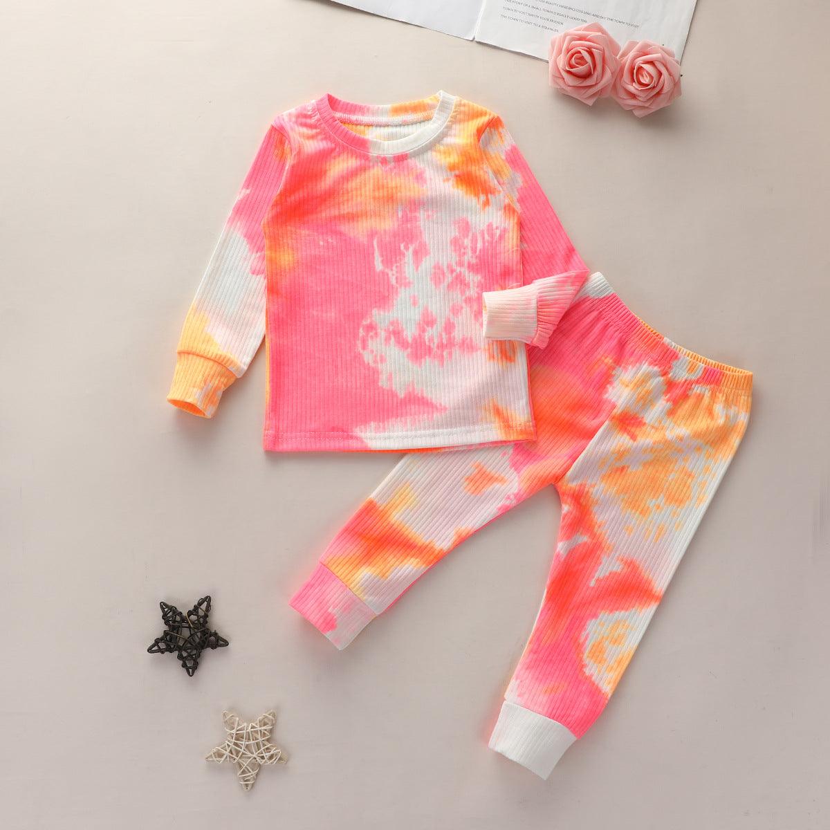 Girls' Knitted Stripe Tie Dyed Leisure Sports Long Sleeve Suit - PrettyKid