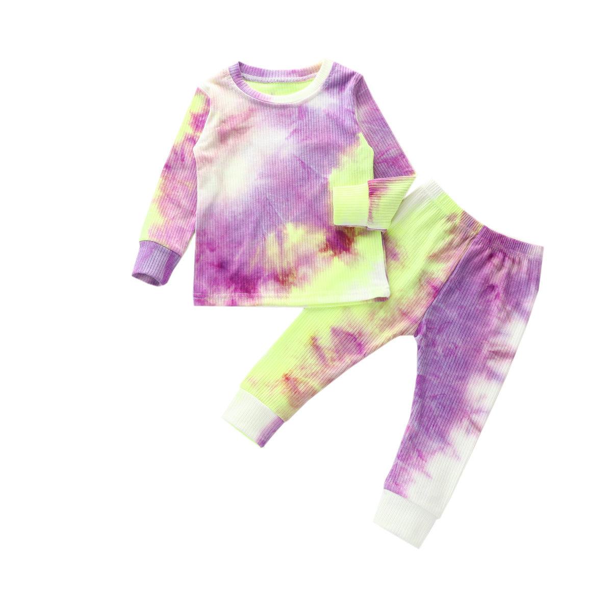 Girls' Knitted Stripe Tie Dyed Leisure Sports Long Sleeve Suit - PrettyKid