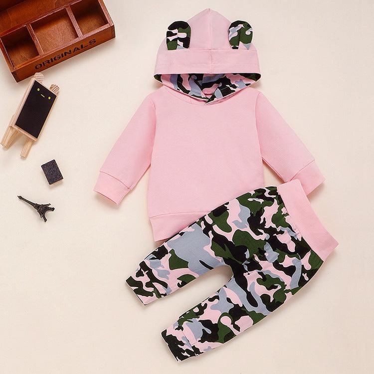 Toddler Girls Solid Long Sleeved Hoodie Camouflage Pants Set - PrettyKid