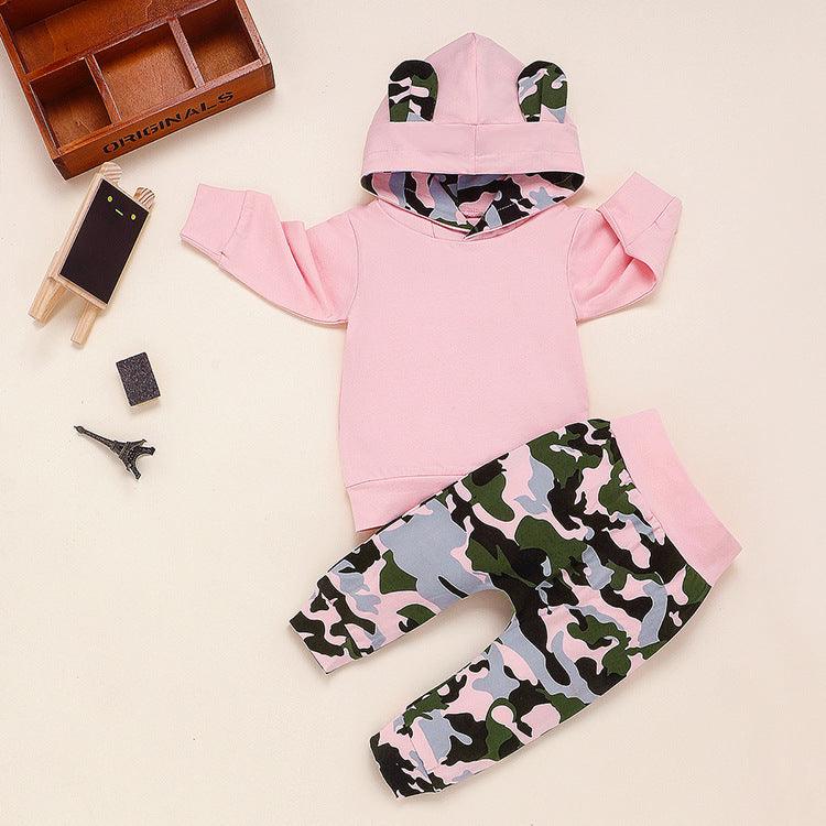 Toddler Girls Solid Long Sleeved Hoodie Camouflage Pants Set - PrettyKid