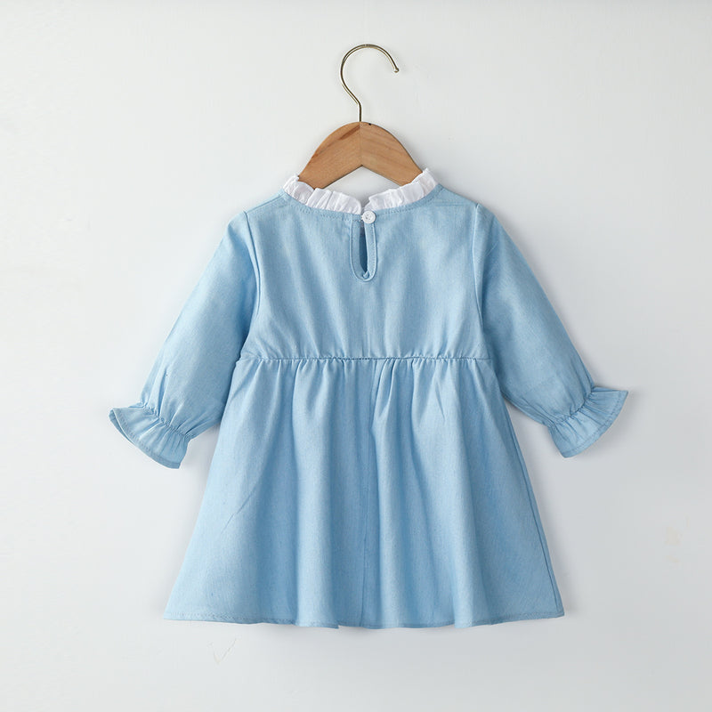Toddler Kids Girls' Solid Ruffle Neckline Stitched Bow Long Sleeve Dress - PrettyKid