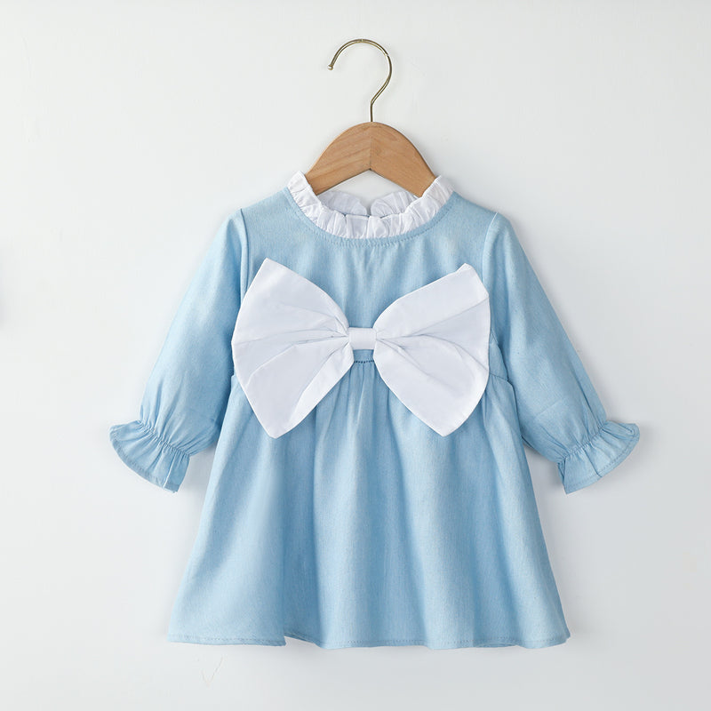 Toddler Kids Girls' Solid Ruffle Neckline Stitched Bow Long Sleeve Dress - PrettyKid