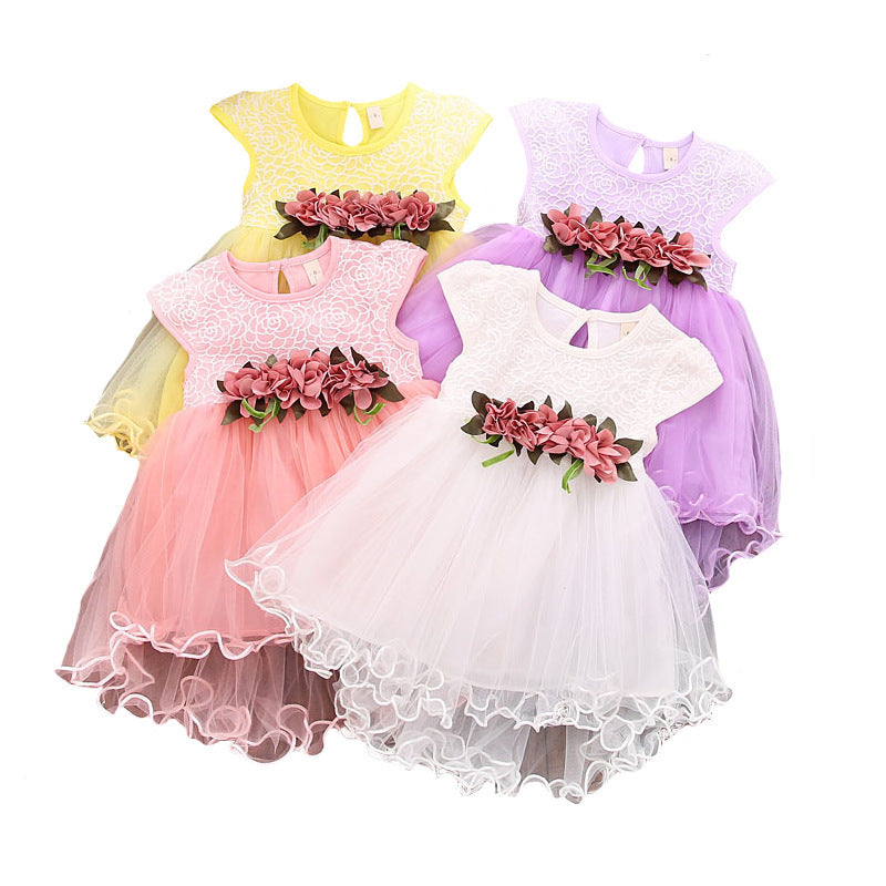 Toddler Girls Solid Flower Lace Mesh Dress - PrettyKid
