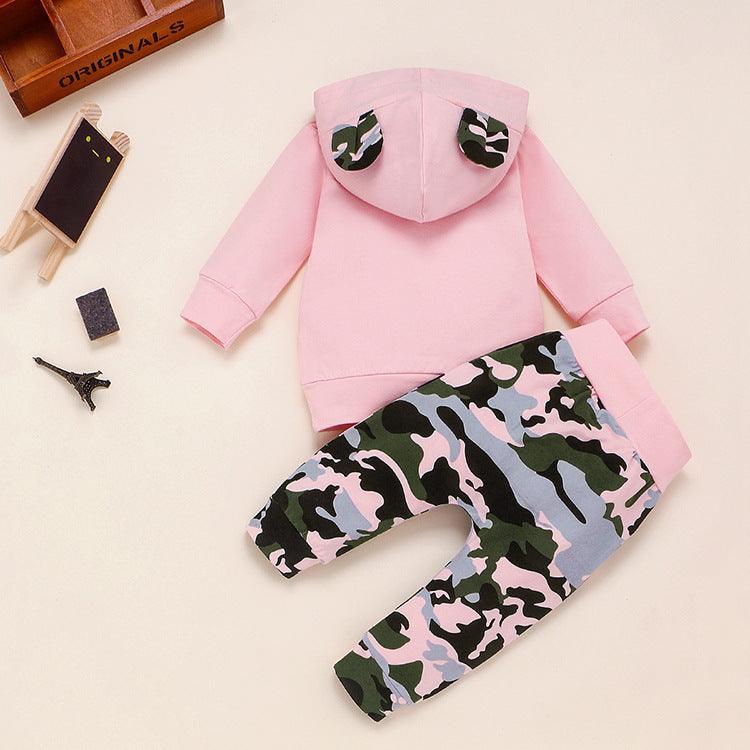 Toddler Girls Solid Long Sleeved Hoodie Camouflage Pants Set - PrettyKid