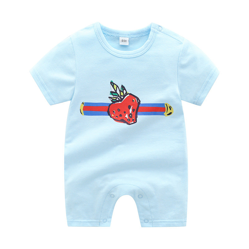 Baby Boys Girl Solid Color Cartoon Strawberry Print Short Sleeve Round Neck Summer Thin Jumpsuit - PrettyKid