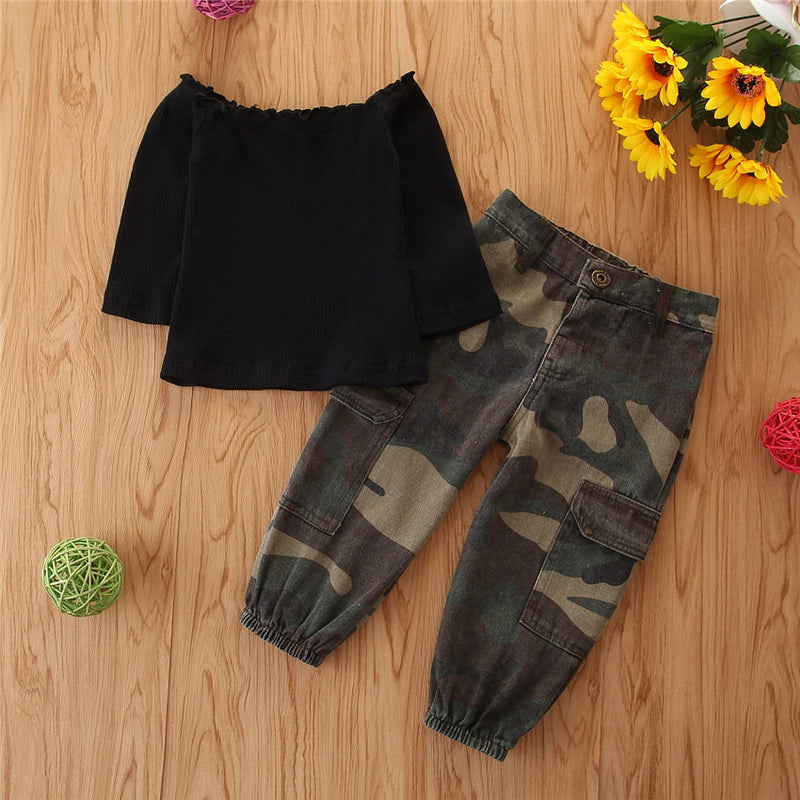 Toddler Kids Girls Square Neck Black Short Sleeve Top Camouflage Pants Set Wholesale Childrens Clothing - PrettyKid