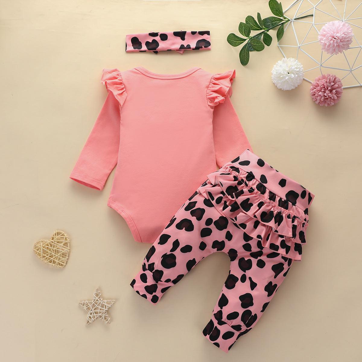 Baby Girls Solid Color Letter Jumpsuit Leopard Print Pants Set - PrettyKid