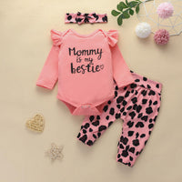 Baby Girls Solid Color Letter Jumpsuit Leopard Print Pants Set - PrettyKid