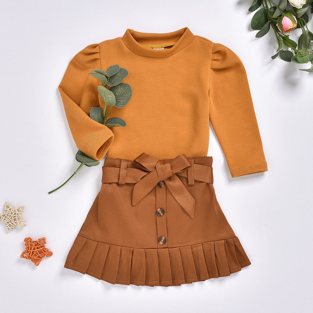 Toddler Kids Girls Solid Color Bubble Sleeve Long Sleeve Top Pleated Skirt Set - PrettyKid