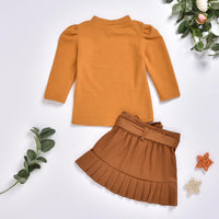 Toddler Kids Girls Solid Color Bubble Sleeve Long Sleeve Top Pleated Skirt Set - PrettyKid