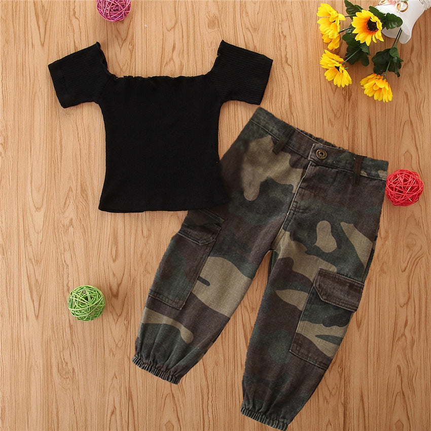 Toddler Kids Girls Square Neck Black Short Sleeve Top Camouflage Pants Set Wholesale Childrens Clothing - PrettyKid