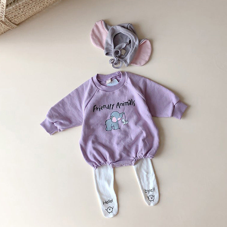 Baby Boys Girls Cotton Solid Color Cartoon Elephant Print Long Sleeve Rompers - PrettyKid