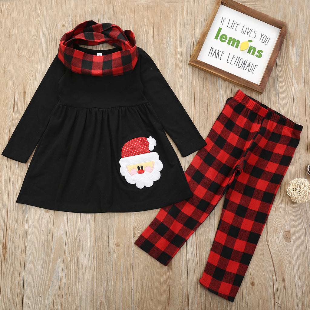 Christmas Long-sleeved Santa Claus Embroidered Long-sleeved T-shirt Plaid Trousers Scarf Suit - PrettyKid