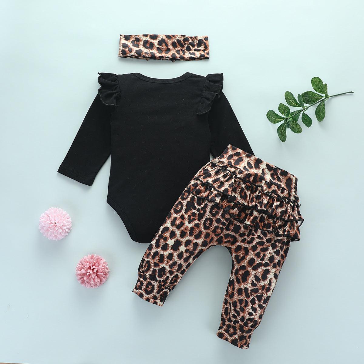 Baby Girls Solid Color Letter Jumpsuit Leopard Print Pants Set - PrettyKid