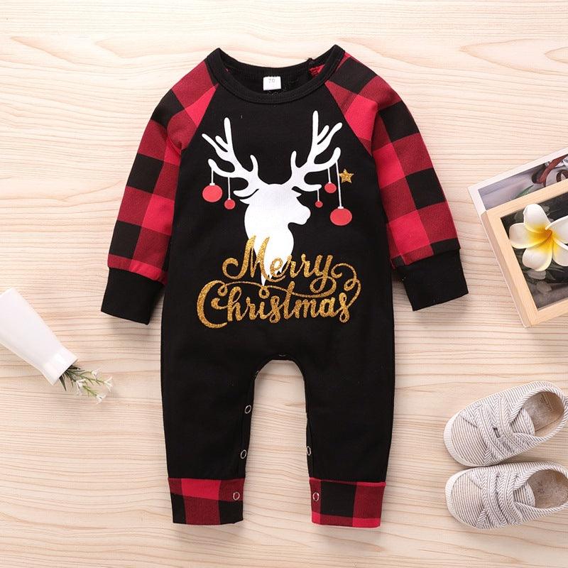 Toddler boys girls' New year's Christmas elk one piece Plaid creeping suit - PrettyKid