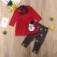 Toddler Kids Girls Snowman Embroidered Snow Collar Trousers 3 Sets Children's Christmas - PrettyKid