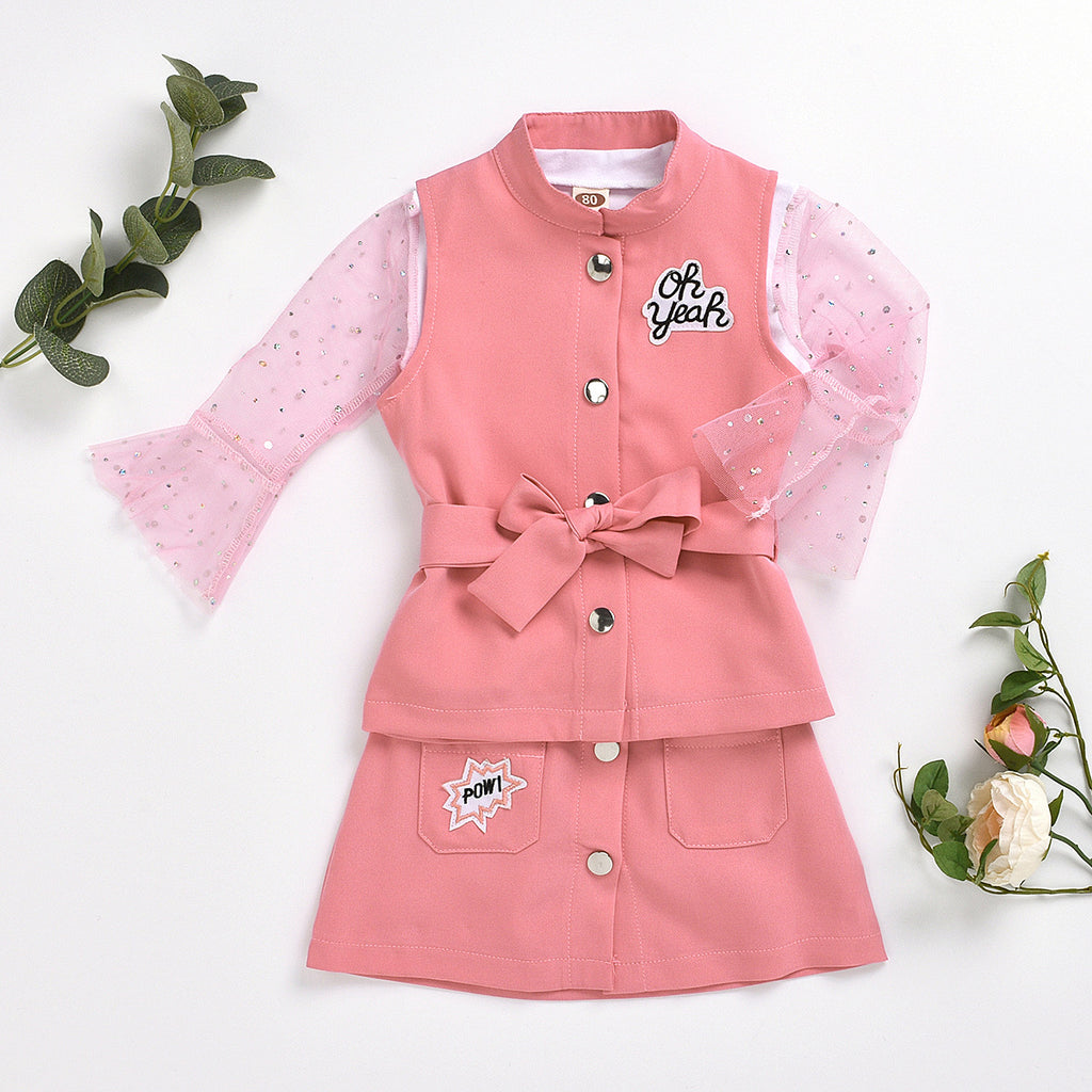 Toddler Kids Girl Solid Mesh Stitching Top Letter Embroidered Vest Skirt 3pcs Set - PrettyKid