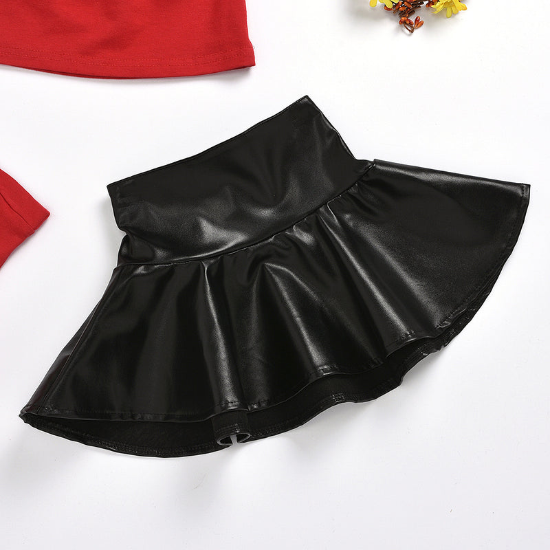 Toddler Girls Solid Color Trumpet Sleeve Top Black Leather Skirt Set - PrettyKid