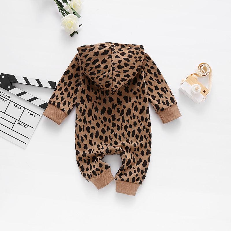 Baby Boys Girls Leopard Zip Long Sleeve Jumpsuit - PrettyKid