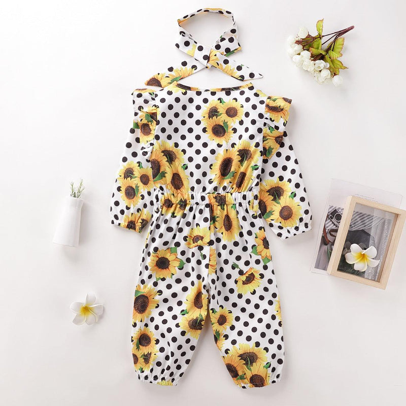 Toddler kids girl wave point sunflower jumpsuit with hairband 2 piece set - PrettyKid