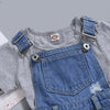 Toddler Kids Boys Girls Short Sleeved Solid Color Striped T-shirt Denim Strappy Pants Set - PrettyKid