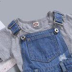 Toddler Kids Boys Girls Short Sleeved Solid Color Striped T-shirt Denim Strappy Pants Set - PrettyKid