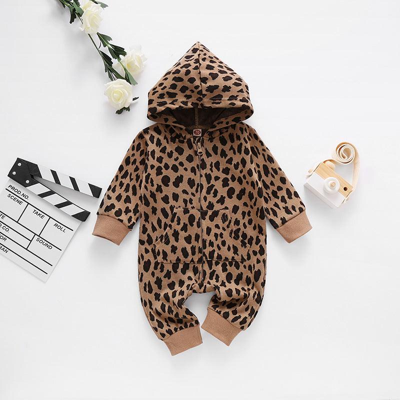 Baby Boys Girls Leopard Zip Long Sleeve Jumpsuit - PrettyKid