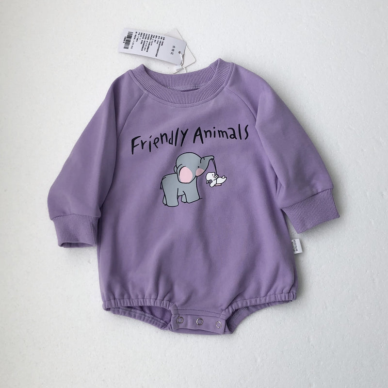 Baby Boys Girls Cotton Solid Color Cartoon Elephant Print Long Sleeve Rompers - PrettyKid