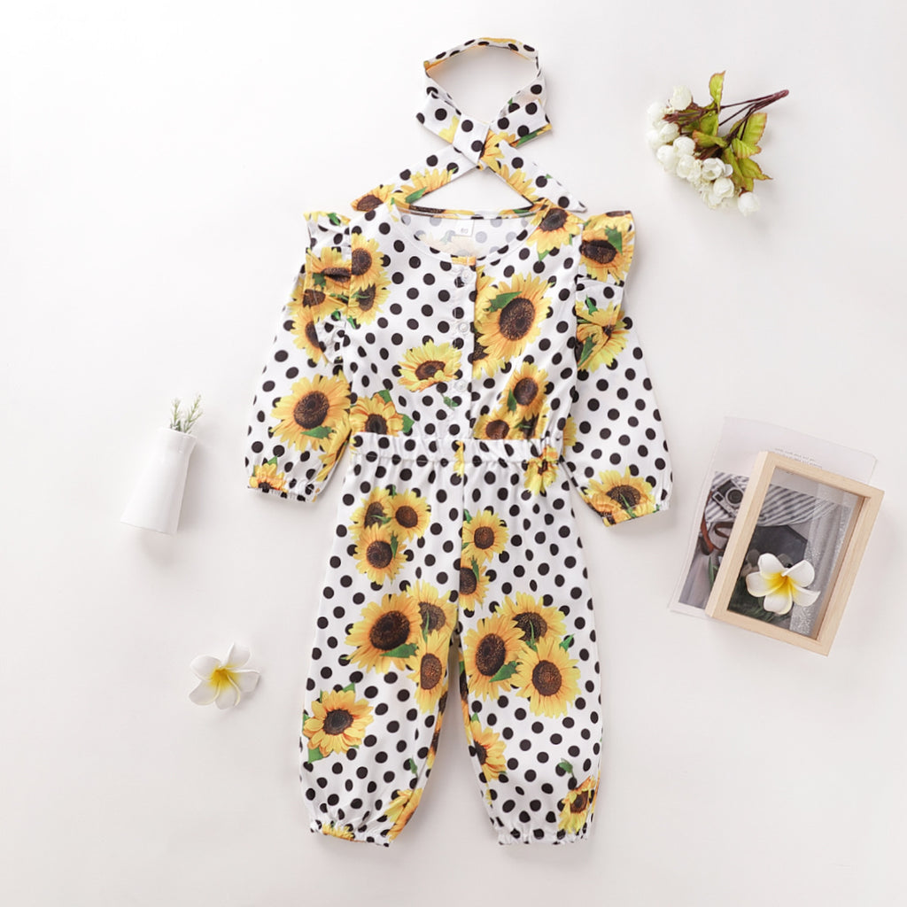 Toddler kids girl wave point sunflower jumpsuit with hairband 2 piece set - PrettyKid
