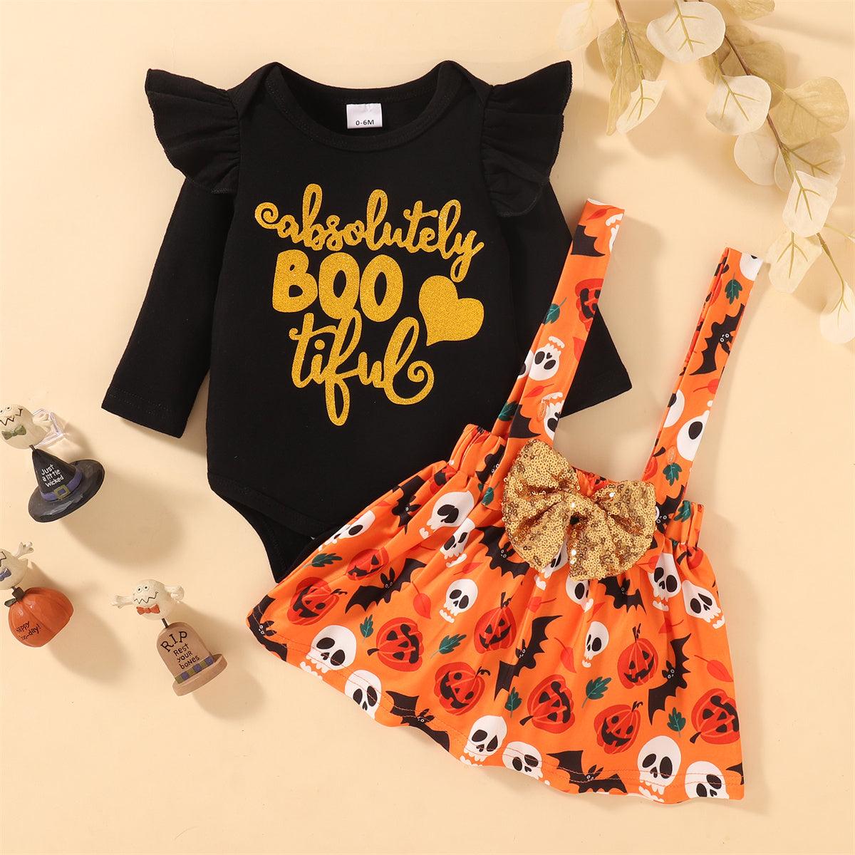 Toddler Girls Letter Print Long Sleeve Strap Skirt Two Piece Halloween Set - PrettyKid