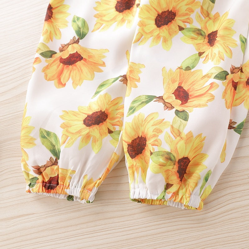 Toddler kids girls' solid colored top printed trouser sunflower set - PrettyKid