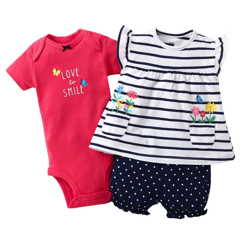 3 Pieces Flower Striped Cartoon Print Baby Girls Sets Shorts-Sleeve Top & Bodysuit & Shorts - PrettyKid