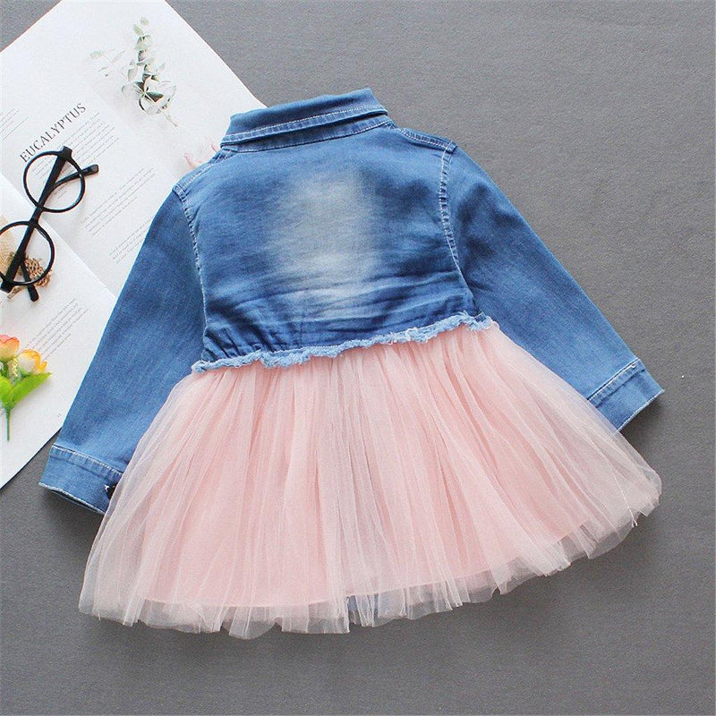 Toddler Girls Long Sleeve Lapel Denim Splice Mesh Dress - PrettyKid