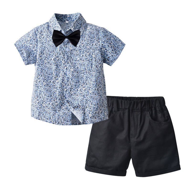 9M-6Y Full Print Short Sleeve Bow Tie Shirt Shorts Two Piece Set Wholesale Toddler Boy Clothes - PrettyKid