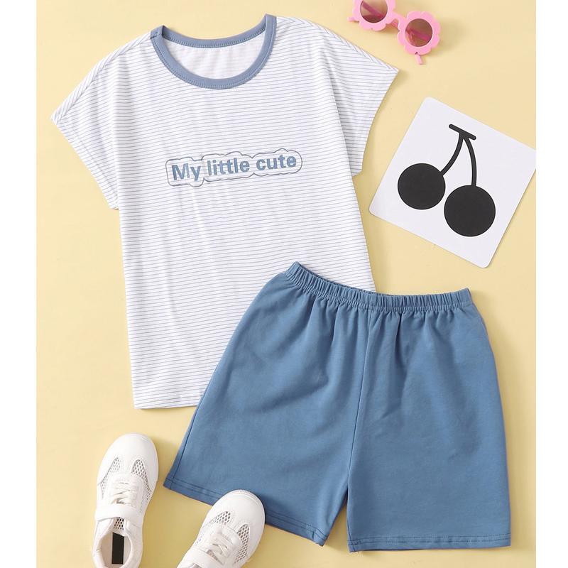 Girl Letter Print Striped T-shirt & Shorts - PrettyKid