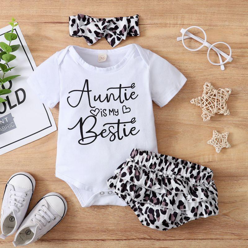 Baby Girl Letter Graphic Bodysuit & Leopard Shorts & Headband - PrettyKid