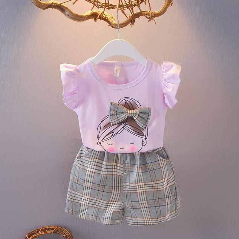 2pcs Sweet Plaid Little Girl Print T-shirt and Pants - PrettyKid