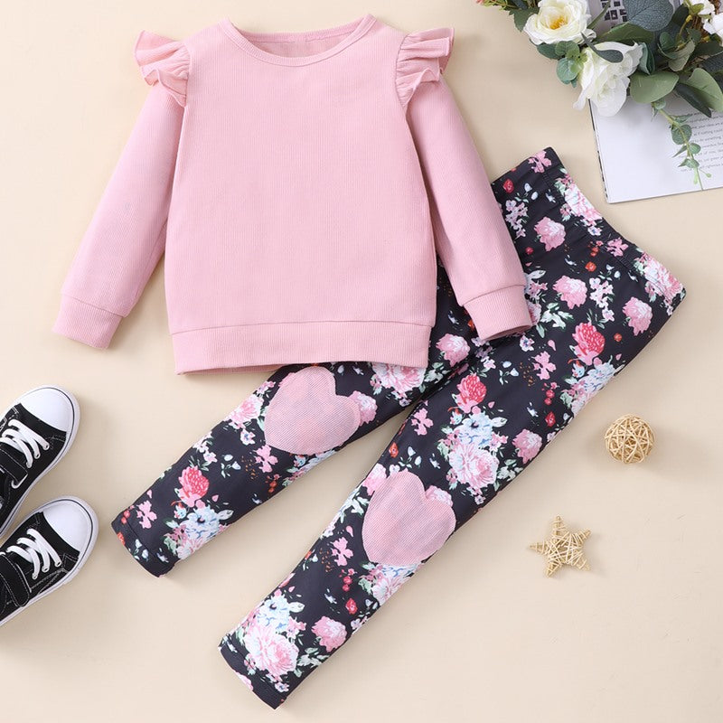 Toddler Girls Cotton Floral Casual Ribbed Top & Pants Suit - PrettyKid