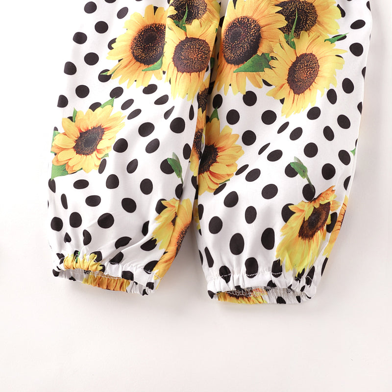 Toddler kids girl wave point sunflower jumpsuit with hairband 2 piece set - PrettyKid