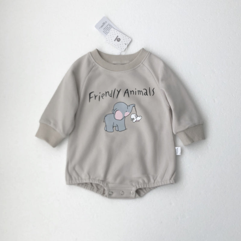 Baby Boys Girls Cotton Solid Color Cartoon Elephant Print Long Sleeve Rompers - PrettyKid