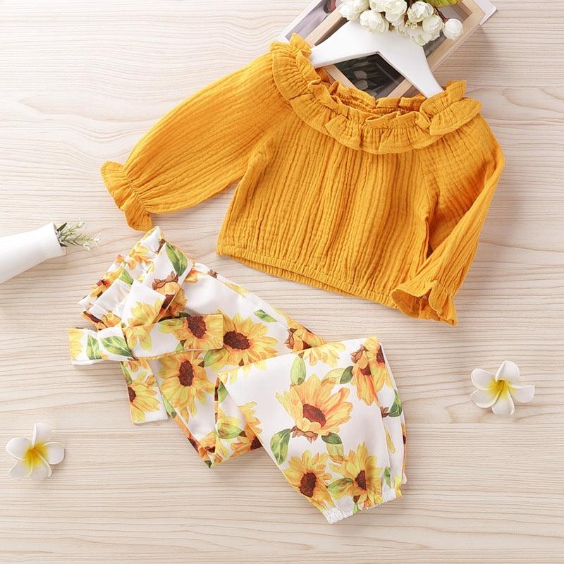 Toddler kids girls' solid colored top printed trouser sunflower set - PrettyKid