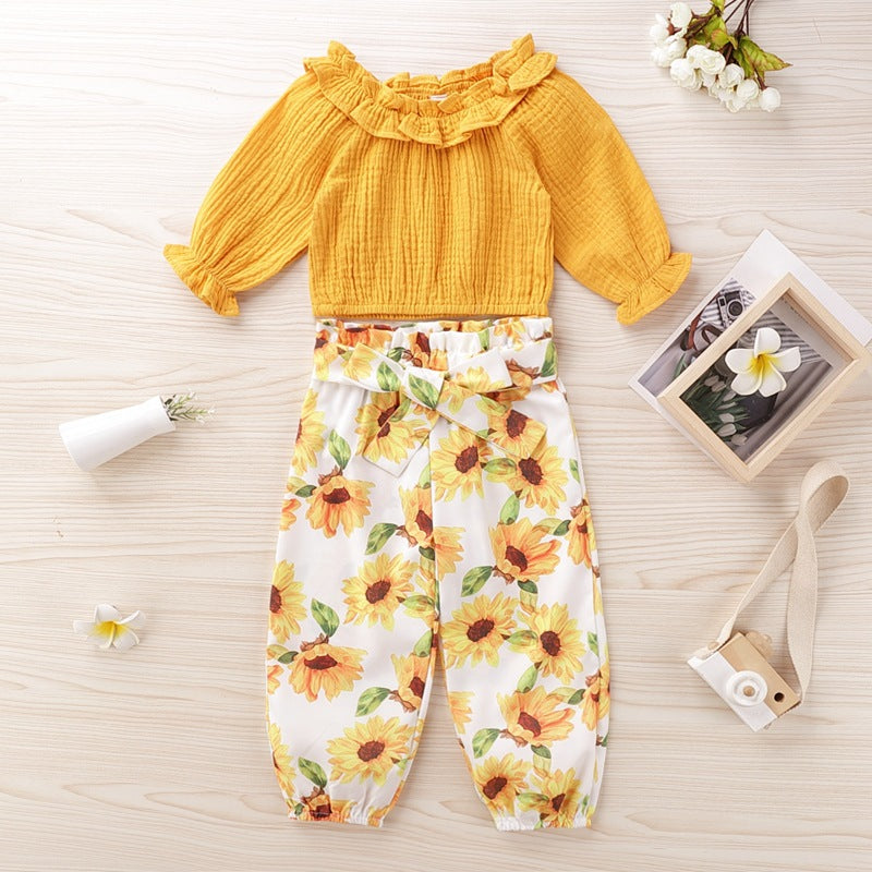 Toddler kids girls' solid colored top printed trouser sunflower set - PrettyKid