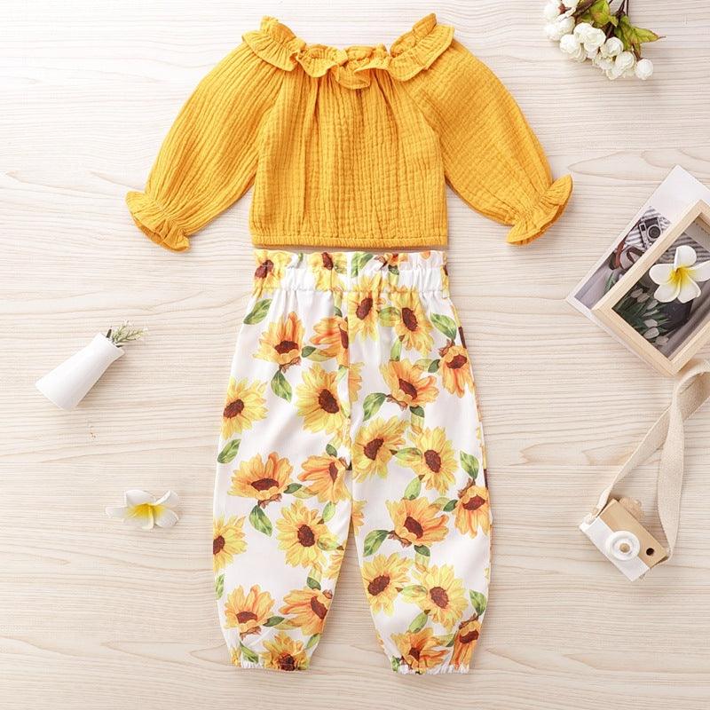 Toddler kids girls' solid colored top printed trouser sunflower set - PrettyKid