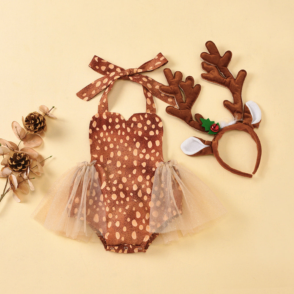 Baby Girls Suspender Gauze Skirt Fawn Hair Hoop Christmas Dress - PrettyKid