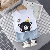 Toddler Boy Cartoon Bear Pattern Sleeveless Top & Denim Shorts - PrettyKid