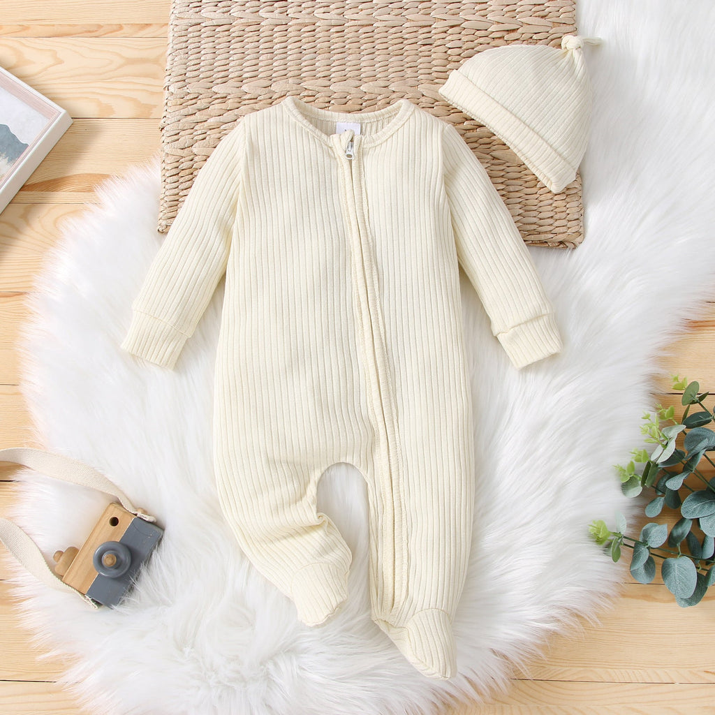 Baby Solid Ribbed Bodysuit And Hat Baby One Piece Jumpsuit - PrettyKid